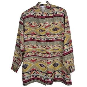 Vintage 70s Silk Collared Aztec Print Shirt Set Women's Size M Multicolor Formal